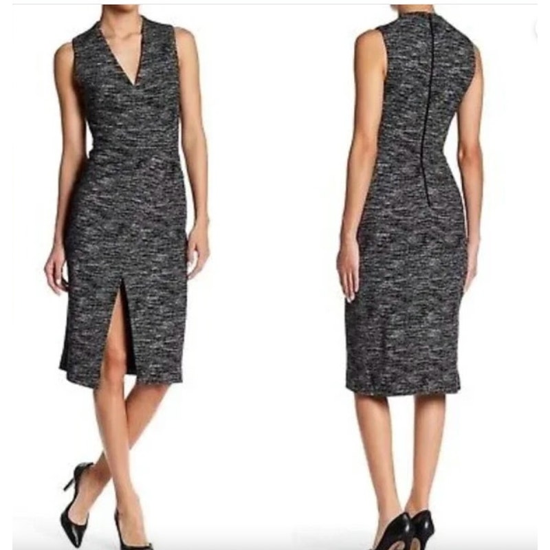 Alice + Olivia Black And Gray Sleeveless V-Neck Midi Sheath Dress